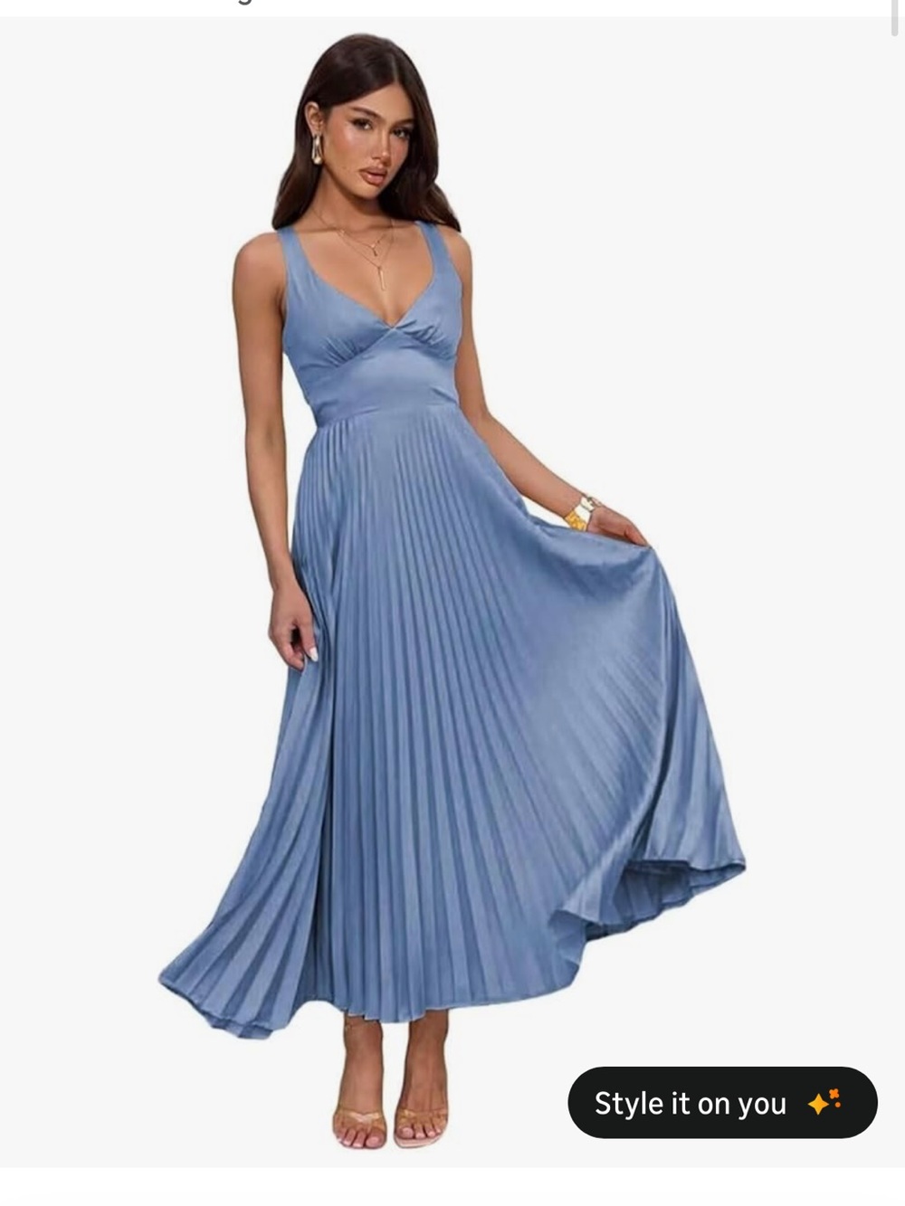 Pleated V-Neck Maxi Dress in Dusty Blue